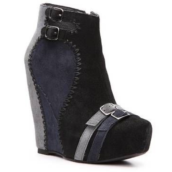 Restricted Shoes - Restricted Suede Black & Blue Patchwork Wedge Buckle Booties